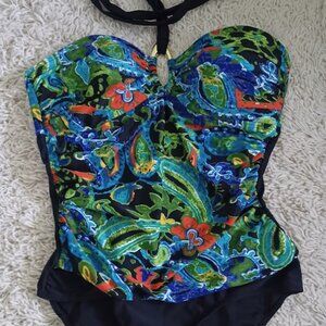 SWIM by Chuck Handy One Piece Swimsuit Plus Size 18 Halter Blue Floral Slimming
